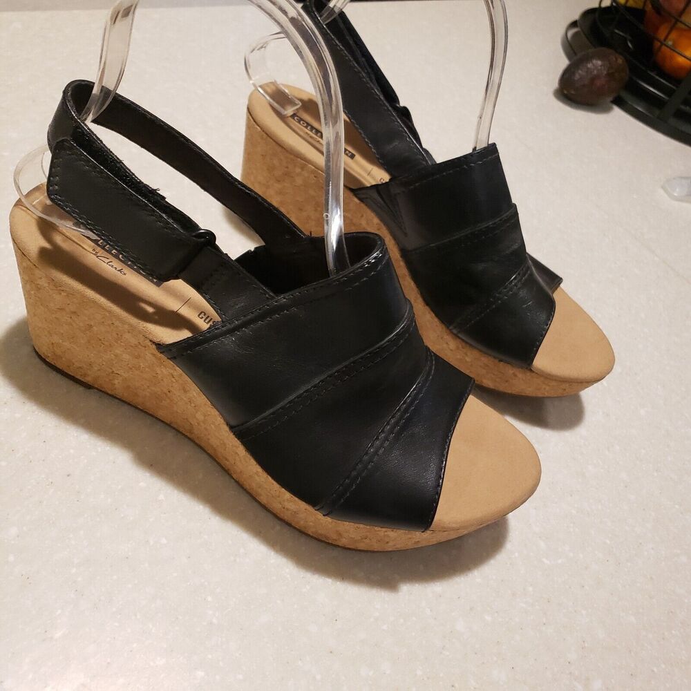 Clarks Black Slip-On Sandals with Wedge Sole